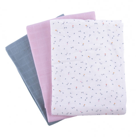 Mussoline in cotone bio 70x70 cm - 3 pezzi fantasie assortite sul rosa e azzurro